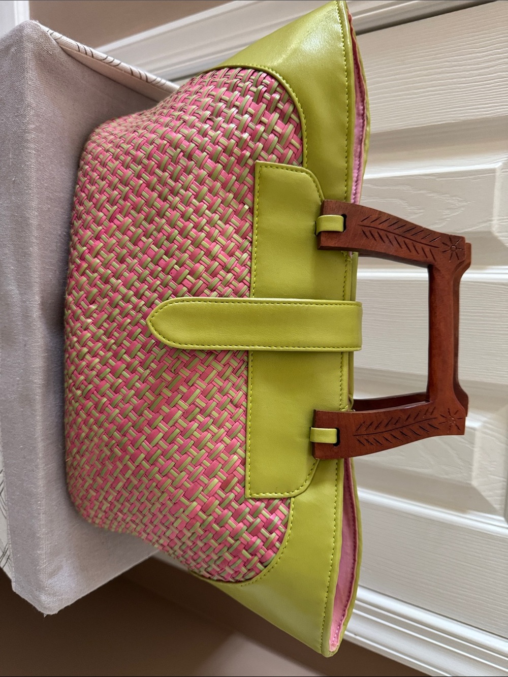 Lime Green and Pink Woven Tote Bag - Picture 2 of 4
